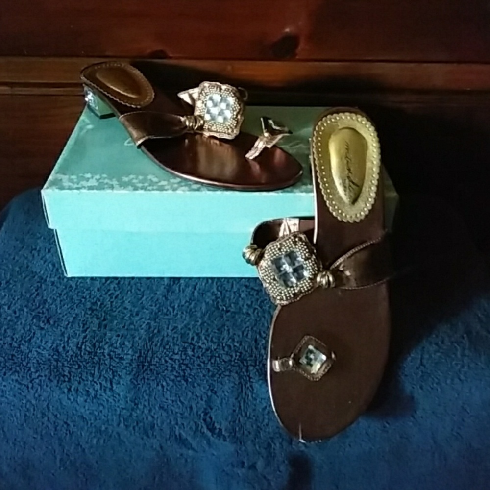 Bronze and Rhinestone Embossed Sandals